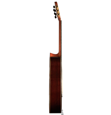 The side of a 2023 So Kimishima “Stella” classical guitar made with spruce and Indian rosewood