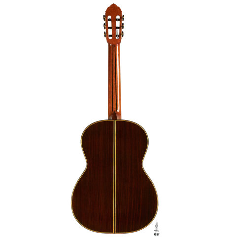 The back of a 2023 So Kimishima “Stella” classical guitar made with spruce and Indian rosewood
