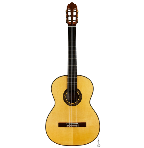 The front of a 2023 So Kimishima “Stella” classical guitar made with spruce and Indian rosewood