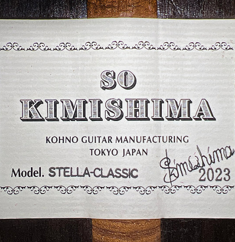 The label of a 2023 So Kimishima “Stella” classical guitar made with spruce and Indian rosewood