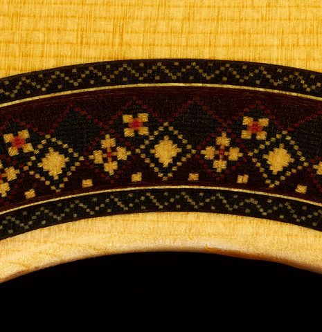 Closeup detail of the rosette of a 2023 So Kimishima “Stella” classical guitar made with spruce and Indian rosewood