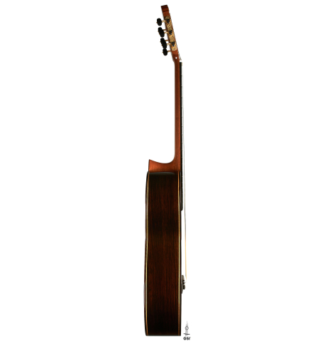 The side of a 2023 So Kimishima “Stella” classical guitar made with spruce and Indian rosewood