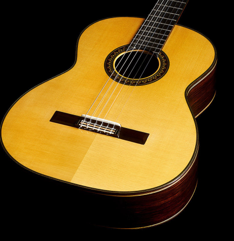 The soundboard and sides of a 2023 So Kimishima “Stella” classical guitar made with spruce and Indian rosewood