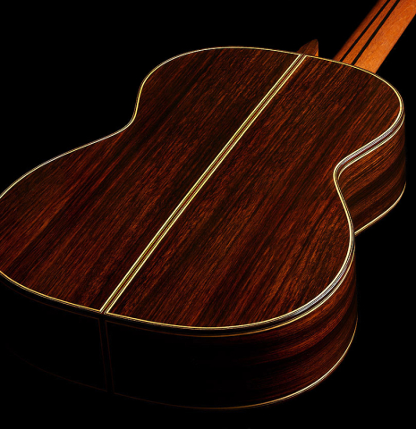 The back and sides of a 2024 So Kimishima “Stella” classical guitar (ex Shin-Ichi Fukuda) made of cedar and Indian rosewood