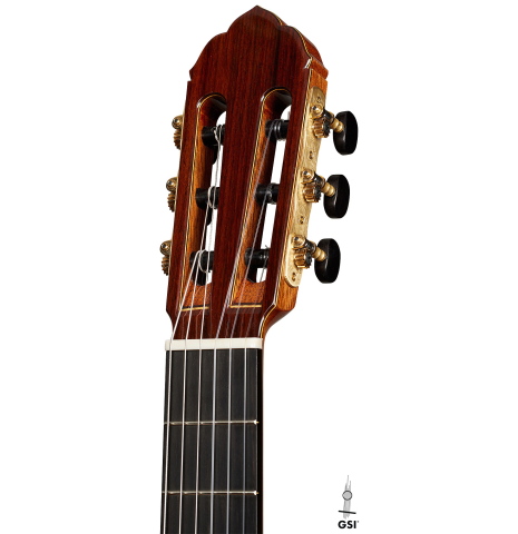 The headstock of a 2024 So Kimishima “Stella” classical guitar (ex Shin-Ichi Fukuda) made of cedar and Indian rosewood