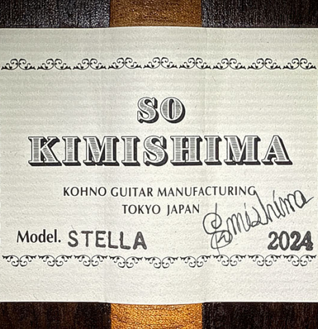 The label of a 2024 So Kimishima “Stella” classical guitar (ex Shin-Ichi Fukuda) made of cedar and Indian rosewood