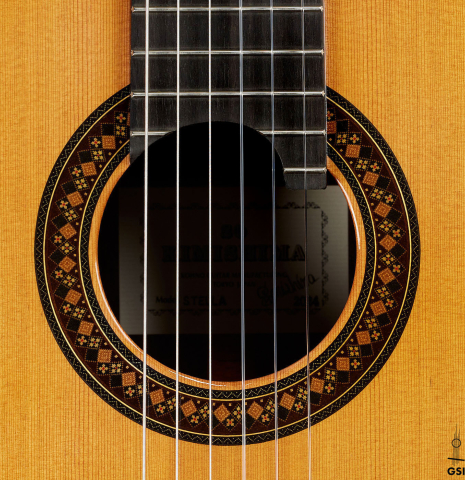 The rosette of a 2024 So Kimishima “Stella” classical guitar (ex Shin-Ichi Fukuda) made of cedar and Indian rosewood