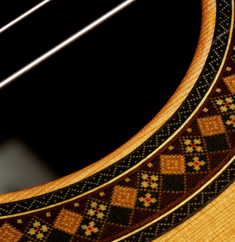 Close-up detail of the rosette of a 2024 So Kimishima “Stella” classical guitar (ex Shin-Ichi Fukuda) made of cedar and Indian rosewood