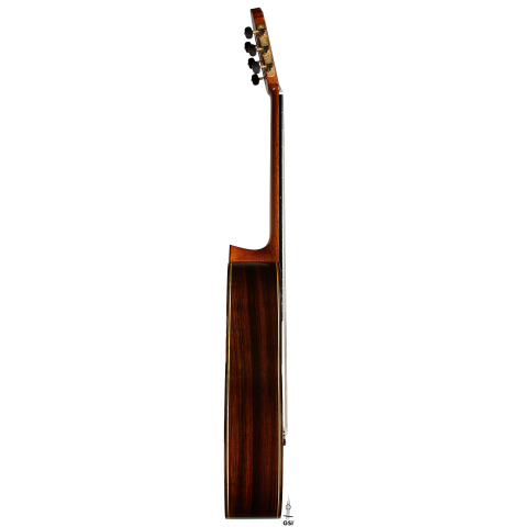 The side of a 2024 So Kimishima “Stella” classical guitar (ex Shin-Ichi Fukuda) made of cedar and Indian rosewood