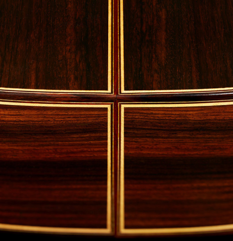 The back and sides at the foot of a 2024 So Kimishima “Stella” classical guitar (ex Shin-Ichi Fukuda) made of cedar and Indian rosewood