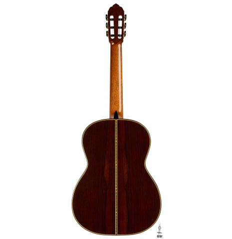 The back of a 2026 So Kimishima “Sol” classical guitar made of cedar and African rosewood