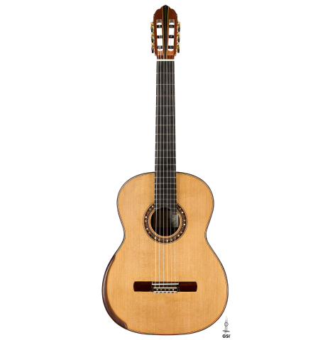 The front of a 2026 So Kimishima “Sol” classical guitar made of cedar and African rosewood