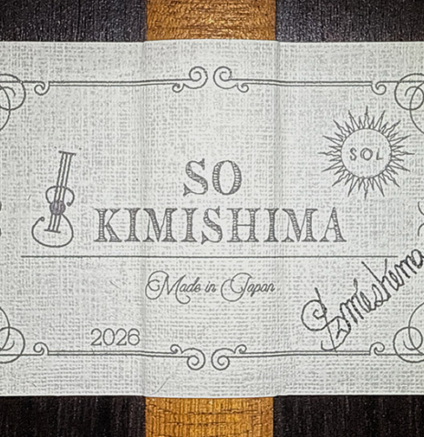 The label of a 2026 So Kimishima “Sol” classical guitar made of cedar and African rosewood
