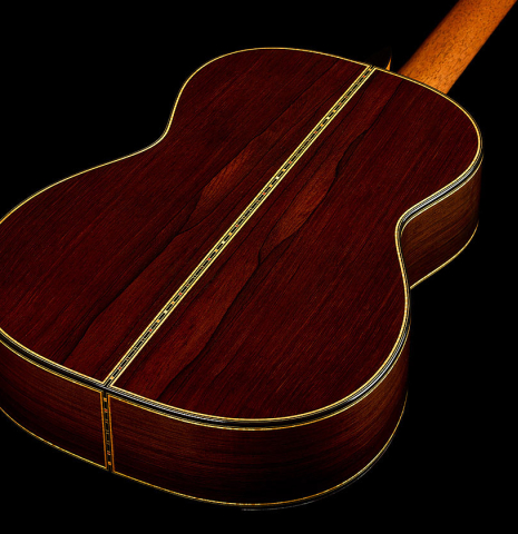 The back and sides of a 2026 So Kimishima “Sol” classical guitar made of cedar and African rosewood