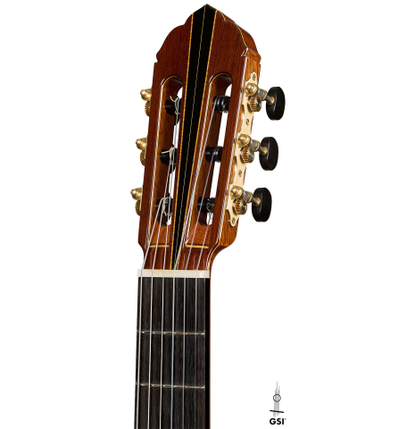 The headstock of a 2026 So Kimishima “Sol” classical guitar made of cedar and African rosewood