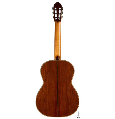 The back of a 2026 So Kimishima “Luna” classical guitar made of cedar and African rosewood