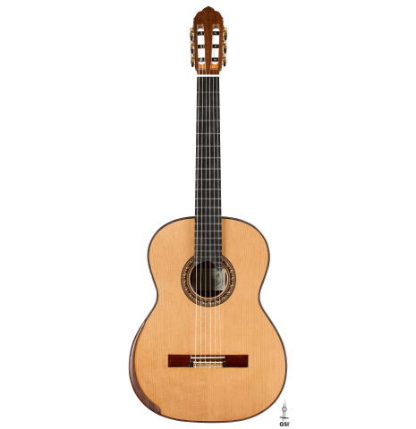 The front of a 2026 So Kimishima “Luna” classical guitar made of cedar and African rosewood