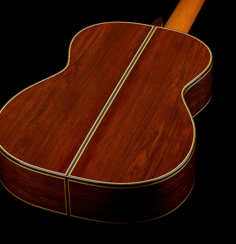 The back and sides of a 2026 So Kimishima “Luna” classical guitar made of cedar and African rosewood