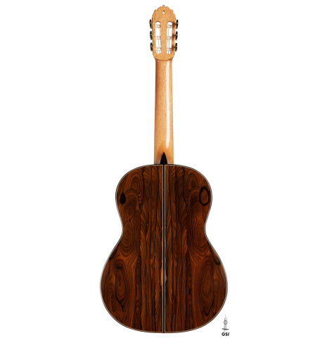 The back of a 2025 Evan Kingma classical guitar made of spruce and ziricote