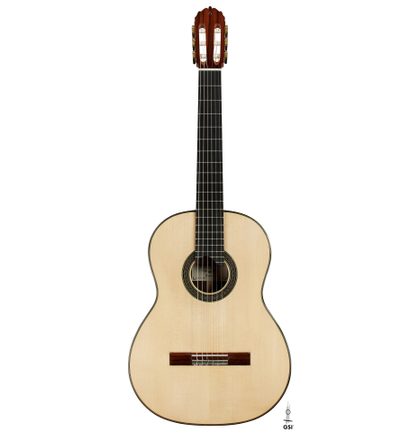 The front of a 2025 Evan Kingma classical guitar made of spruce and ziricote