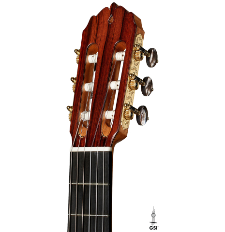 The headstock of a 2025 Evan Kingma classical guitar made of spruce and ziricote