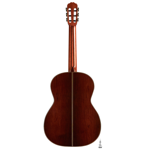 The back of a 2023 Sakurai-Kohno "Professional-J" classical guitar made with spruce and CSA rosewood.