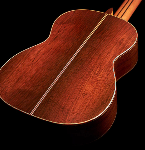 The back and sides of a 2023 Sakurai-Kohno "Professional-J" classical guitar made with spruce and CSA rosewood.