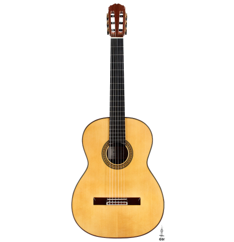 The front of a 2023 Sakurai-Kohno "Professional-J" classical guitar made with spruce and CSA rosewood.