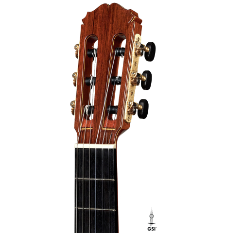 The headstock of a 2023 Sakurai-Kohno "Professional-J" classical guitar made with spruce and CSA rosewood.