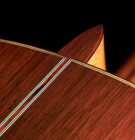The heel of a 2023 Sakurai-Kohno "Professional-J" classical guitar made with spruce and CSA rosewood.
