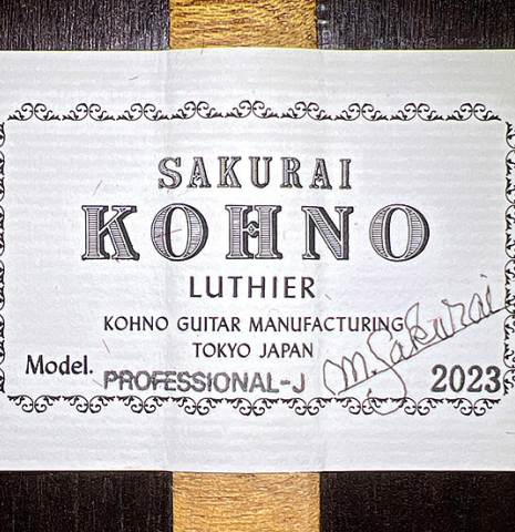 The label of a 2023 Sakurai-Kohno "Professional-J" classical guitar made with spruce and CSA rosewood.