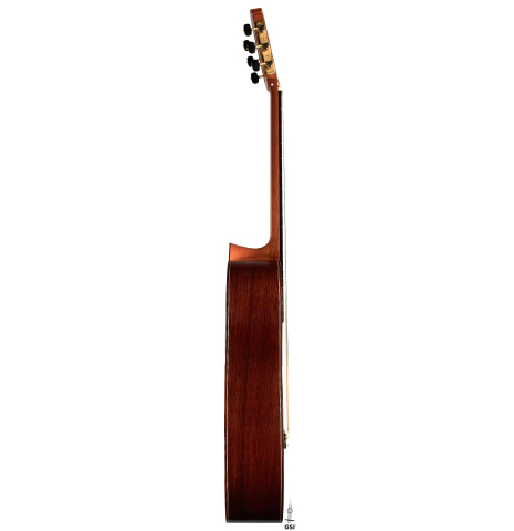 The side of a 2023 Sakurai-Kohno "Professional-J" classical guitar made with spruce and CSA rosewood.