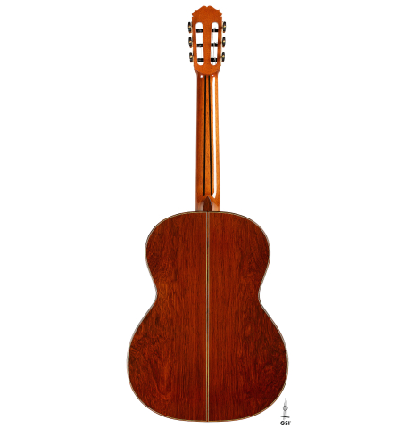 The back of a 2024 Sakurai-Kohno "Professional-J" classical guitar made with spruce and African rosewood.