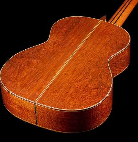 The back and sides of a 2024 Sakurai-Kohno "Professional-J" classical guitar made with spruce and African rosewood.