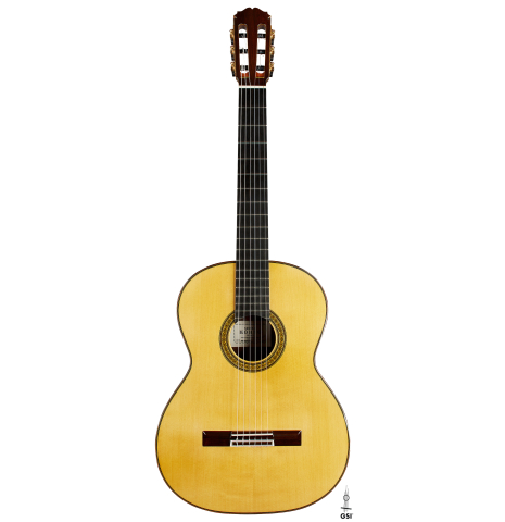 The front of a 2024 Sakurai-Kohno "Professional-J" classical guitar made with spruce and African rosewood.