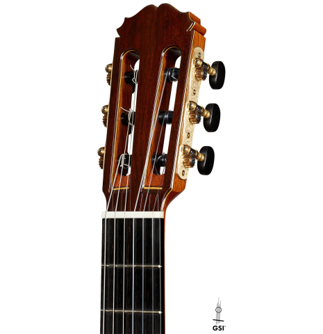 The headstock of a 2024 Sakurai-Kohno "Professional-J" classical guitar made with spruce and African rosewood.