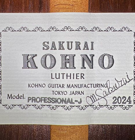 The label of a 2024 Sakurai-Kohno "Professional-J" classical guitar made with spruce and African rosewood.