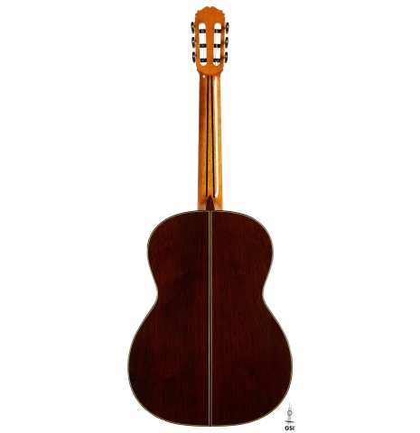 The back of a 2025 Sakurai-Kohno "Professional-J" classical guitar made of cedar and African rosewood