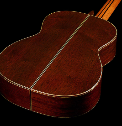 The back and sides of a 2025 Sakurai-Kohno "Professional-J" classical guitar made of cedar and African rosewood