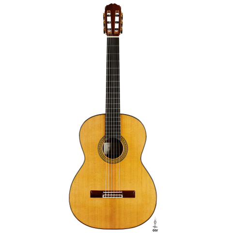 The front of a 2025 Sakurai-Kohno "Professional-J" classical guitar made of cedar and African rosewood