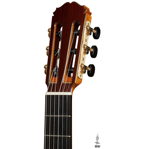 The headstock of a 2025 Sakurai-Kohno "Professional-J" classical guitar made of cedar and African rosewood