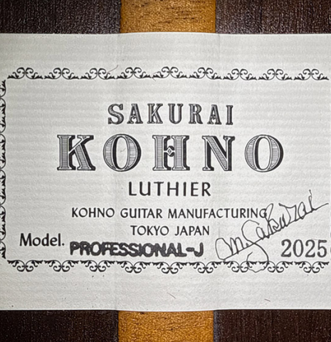 The label of a 2025 Sakurai-Kohno "Professional-J" classical guitar made of cedar and African rosewood
