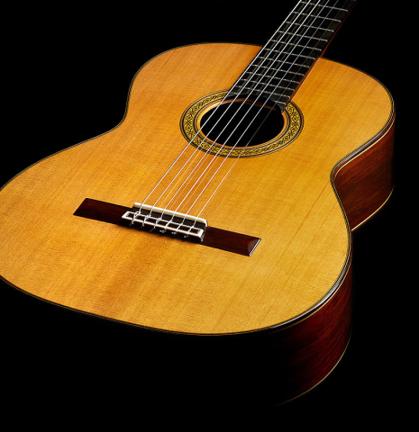 The soundboard of a 2025 Sakurai-Kohno "Professional-J" classical guitar made of cedar and African rosewood