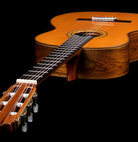 This is the front, side and headstock visible from above of a 1987 Masaru Kohno &quot;Professional-J&quot; classical guitar with pickup 