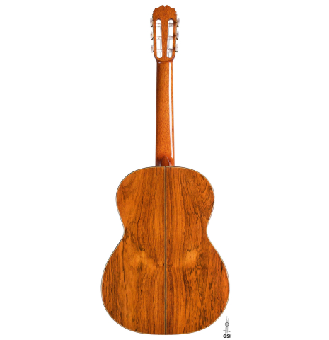 This is the back of a 1987 Masaru Kohno &quot;Professional-J&quot; classical guitar with pickup on a white background