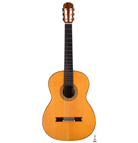 This is the front of a 1987 Masaru Kohno &quot;Professional-J&quot; classical guitar with pickup on a white background
