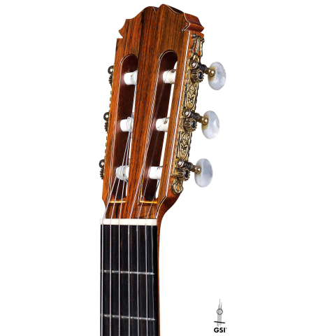 This is the headstock of a 1987 Masaru Kohno &quot;Professional-J&quot; classical guitar with pickup on a white background