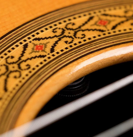 This is a close-up of the rosette of a 1987 Masaru Kohno &quot;Professional-J&quot; classical guitar with pickup 