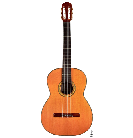 The front of a 2004 Sakurai-Kohno "Professional-J" classical guitar made of cedar and CSA rosewood