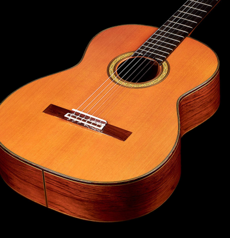 The front of a 2004 Sakurai-Kohno "Professional-J" classical guitar made of cedar and CSA rosewood